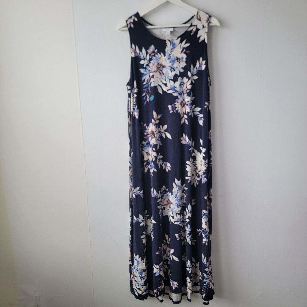 J. Jill women's blue floral print maxi dress size L sleeveless comfy casual